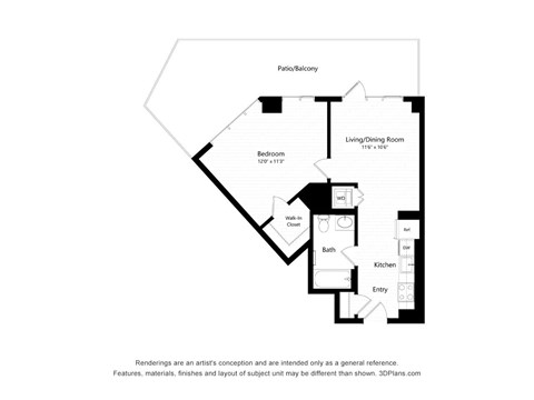 Floor plan for 1 bed, 1 bath, 618 sqft